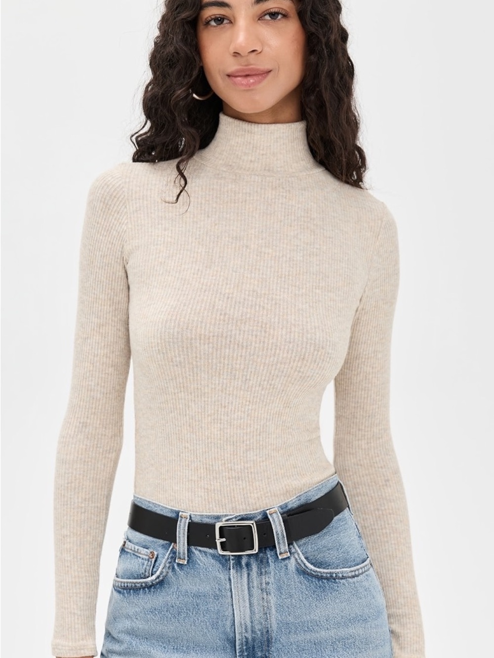 perfectwhitetee Beige Ribbed Turtleneck Long Sleeve Top